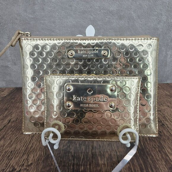 Kate Spade NY Caterina Beale Street Metallic Gold Embossed Pouch Card Case Set - Picture 1 of 14